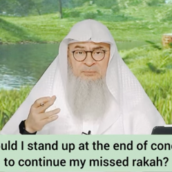 When do I stand up to continue my missed rakah at the end of prayer in congregation?