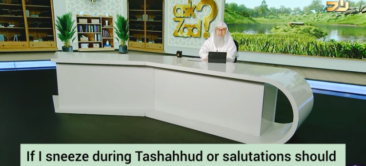 If I sneeze in prayer (tashahhud) & say Alhamdulillah, do I continue or repeat what I was reciting?