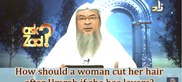 How should a woman cut her hair after Umrah if she has layers?